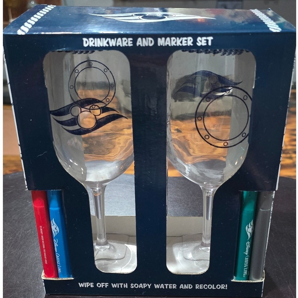 Disney Cruise Line Drinkware and Marker Set 2 Wine Glasses Souvenir New Boxed